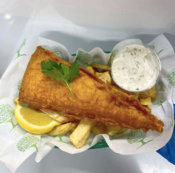 Vegan fish and chips with banana blossom