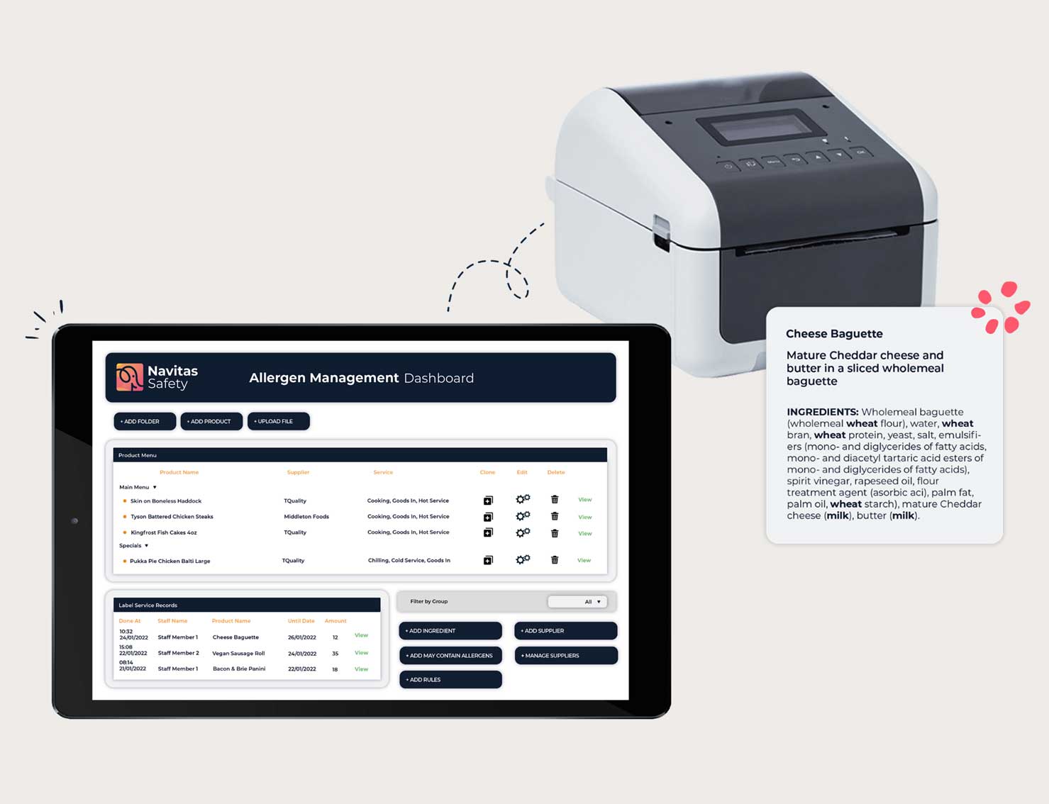 Image of our allergen management solution with a printer, printed allergen label and tablet