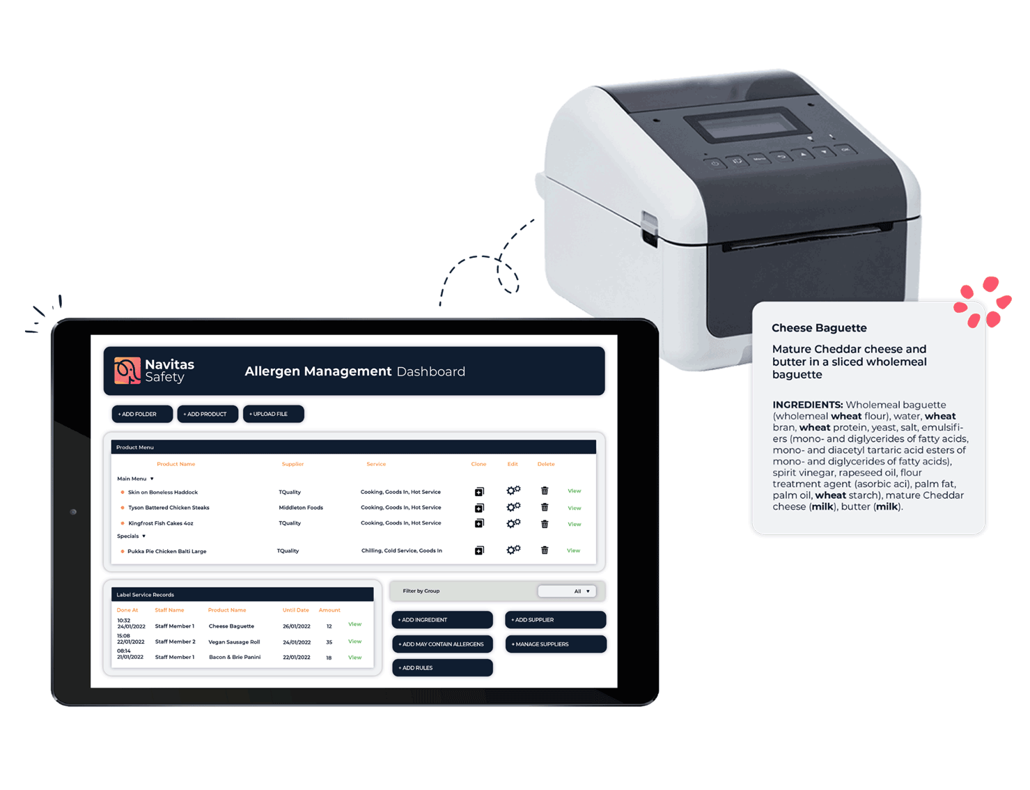 Image of our allergen management solution with a printer, printed allergen label and tablet