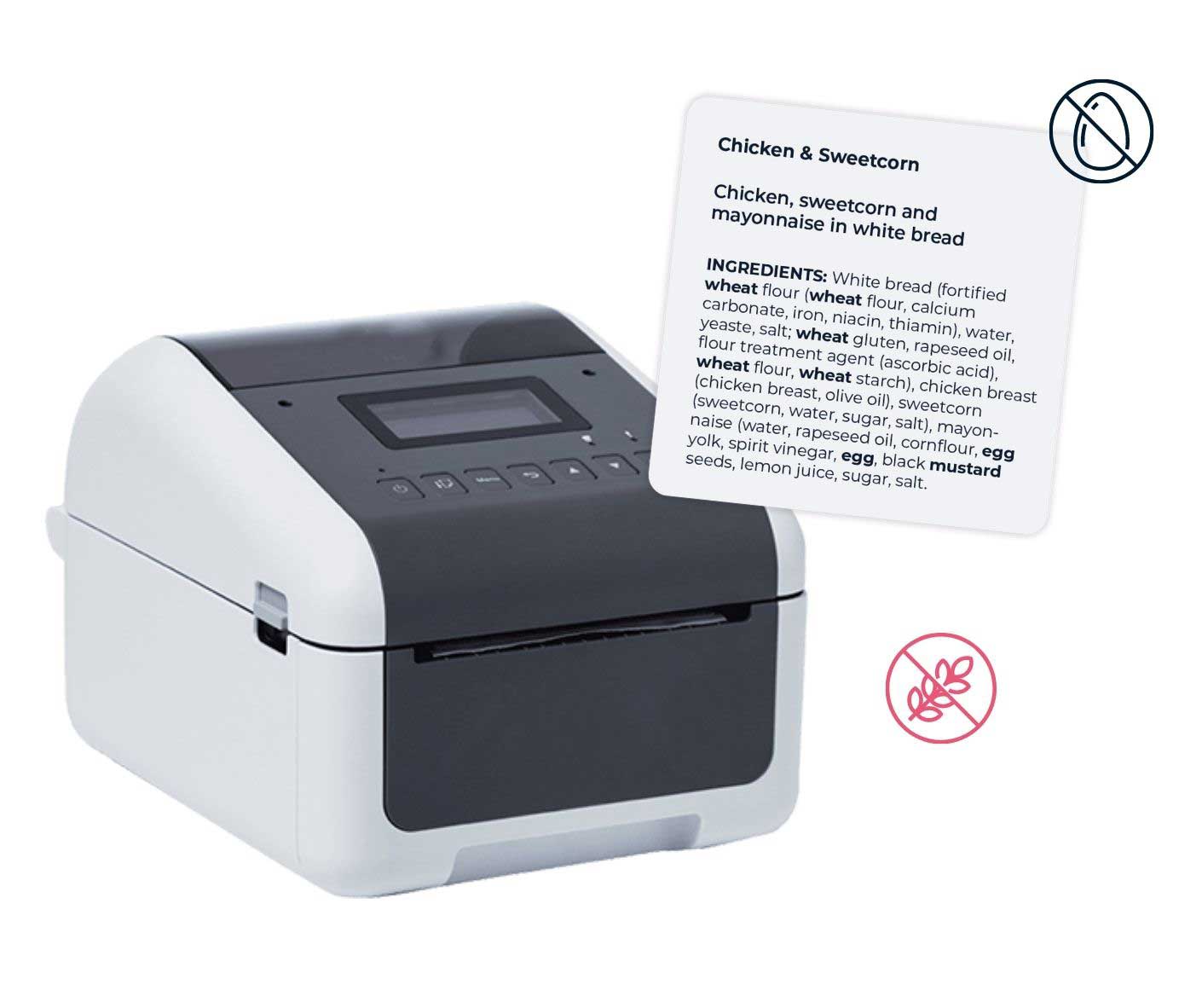 Image of our printable allergen labels and the printer