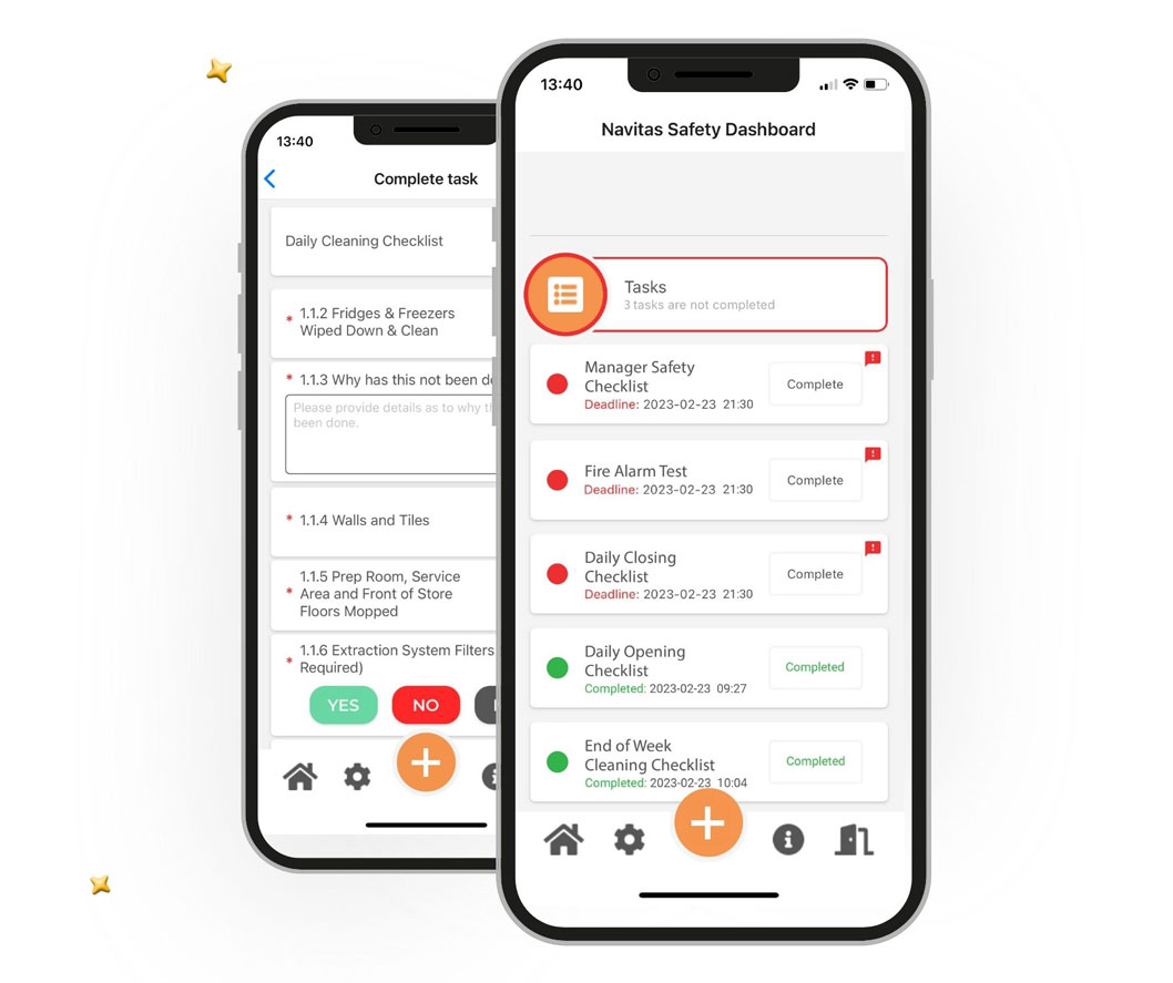 Two phone screens showing the Digital Food Safety App. One has a list of safety tasks to be completed and the other has a digital checklist open