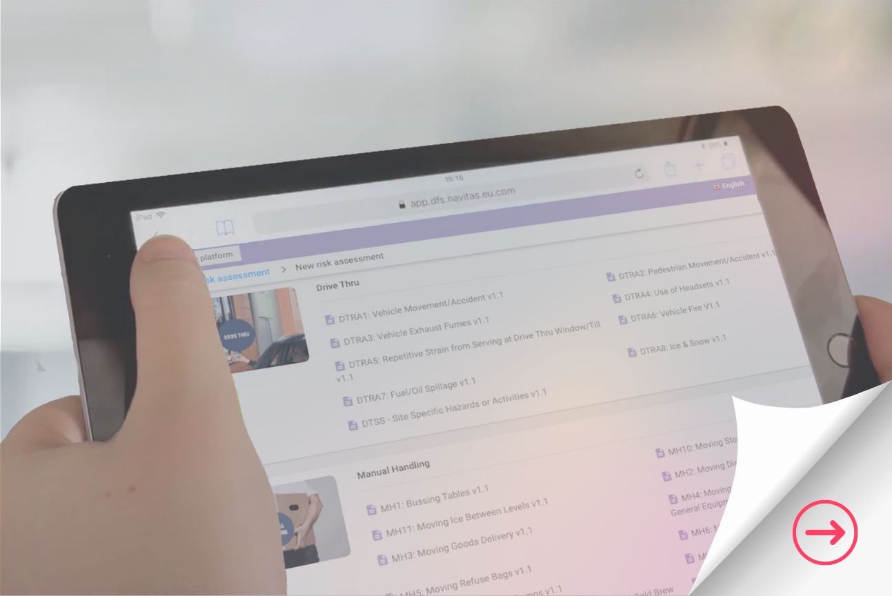 A tablet showing the Navitas Safety Health and Safety Software with Risk Assessments on