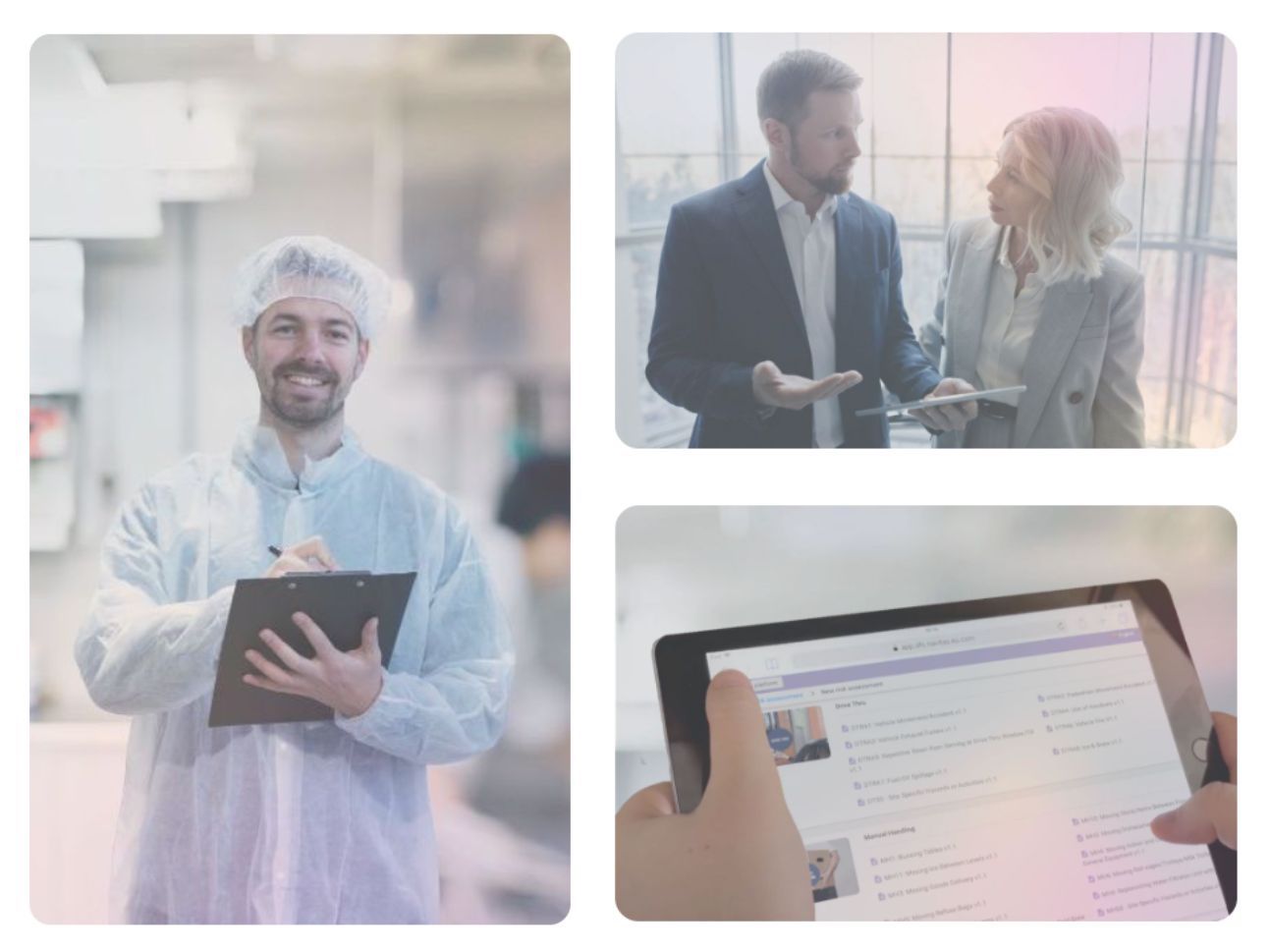 Three images next to each other: One of an Environmental Health Inspector, One of two managers talking to each other over a tablet, One of a tablet with Risk Assessment Software on