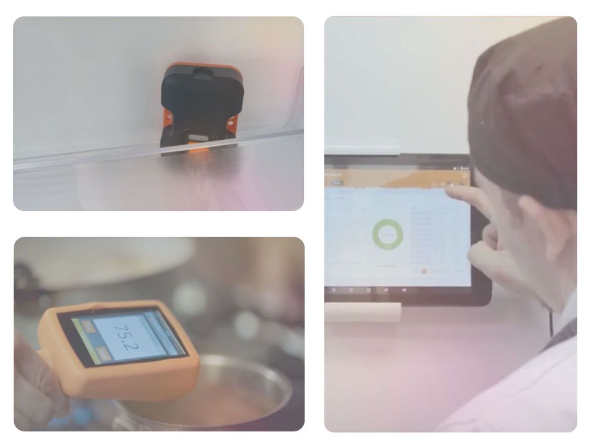 Three images next to each other: One of a Smart Pod in a fridge, One of a Food Temperature Probe, One of a chef scrolling through a Safety Dashboard on a tablet attached to the wall