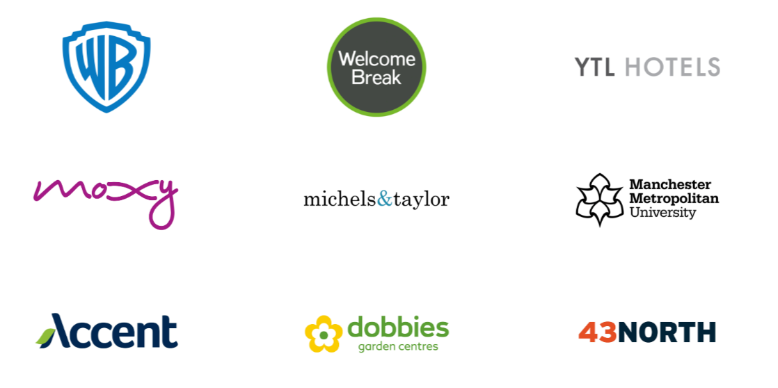 Customer Logos - Warner Bros, WelcomeBreak, YTL Hotels, Moxy, Michels & Taylor, Manchester Metropolitan University, Accent Catering, Dobbies Garden Centres and 43 North