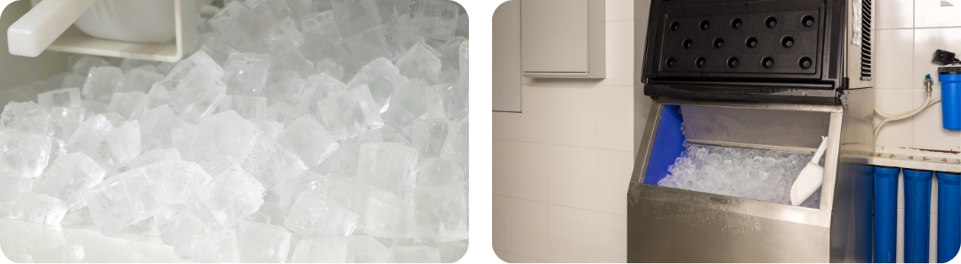 Cubed ice within two ice machines, no trace of pink mould