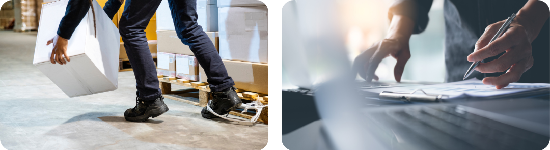 Photo 1: A man lifting a box off the floor. Photo 2: Scattered paperwork across a table