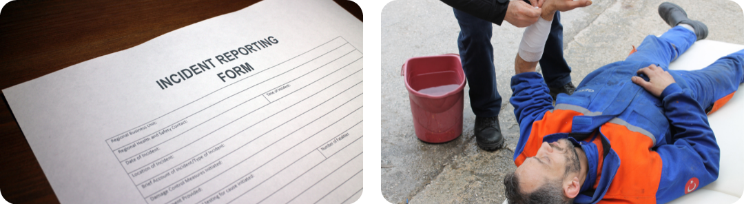 Photo 1: An incident reporting form. Photo 2: An injured man lay on the floor with a bandage on his arm