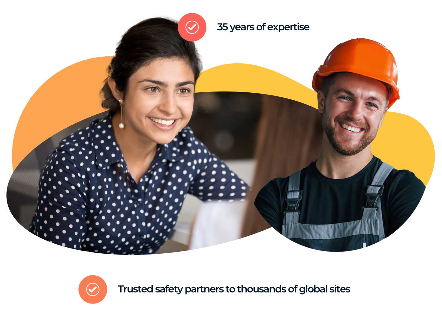 Two images, one of a woman smiling and one of a man in a construction hat