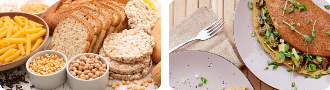 Two images showing foods containing gluten, which are triggers of coeliac disease