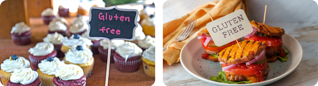 Gluten free cupcakes and a gluten free sandwich, labelled to accommodate those with coeliac disease