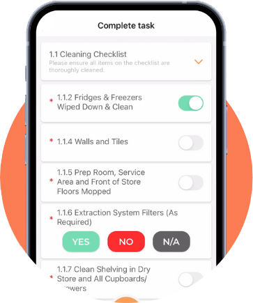 Image of a digital checklist being completed on our Food Safety Software mobile app