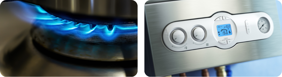 Two images: 1 of a gas hob with blue flame and 1 of a boiler