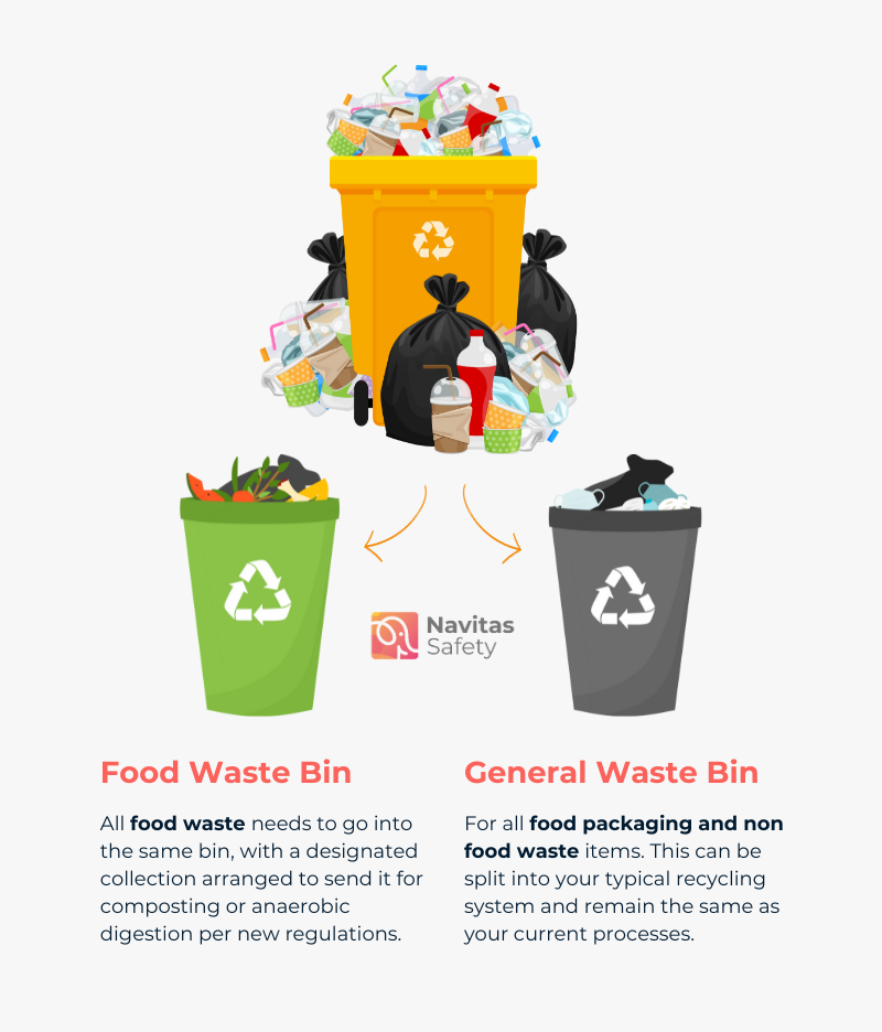 An infographic of 1 combined waste bin splitting off into 2 bins - a food waste bin and a general waste bin