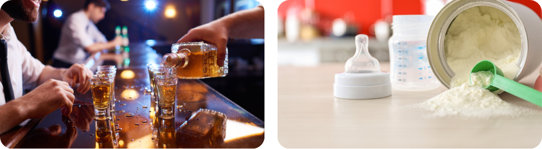 An image of alcohol on a bar counter and an image of baby formula