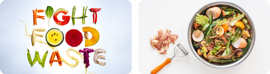 Two images: 1 with FIGHT FOOD WASTE spelled out in food and 1 with a peeler and off cuts of food