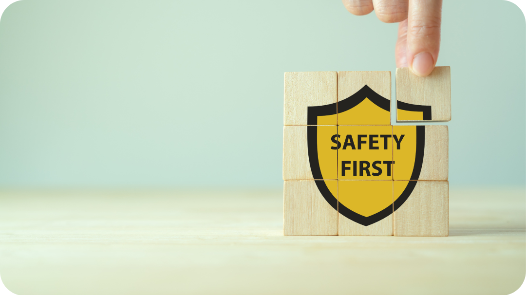 A 'Safety First' badge built out of building blocks